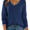 Dokotoo Womens Sweaters Dressy Casual Long Sleeve V Neck Lightweight Ribbed Knit Wool Pullover Jumper Top (X-Large, Blue)