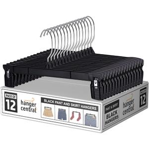 Hanger Central 12 Pack Space Saving Heavy Duty Slim Plastic Pants, Skirts, Shorts Hangers, Ridged Non-Slip with Pinch Clips, 360-Rotating Chrome Swivel Hook, in Black, 12 Inches