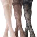 Fourluoo 3 Pairs Women's Lace Socks Thigh High Stocking with Lace Trim Fishnet Lolita Boot Socks Hollow over Knee Stockings (Medium, Black, Skin Color, Brown)