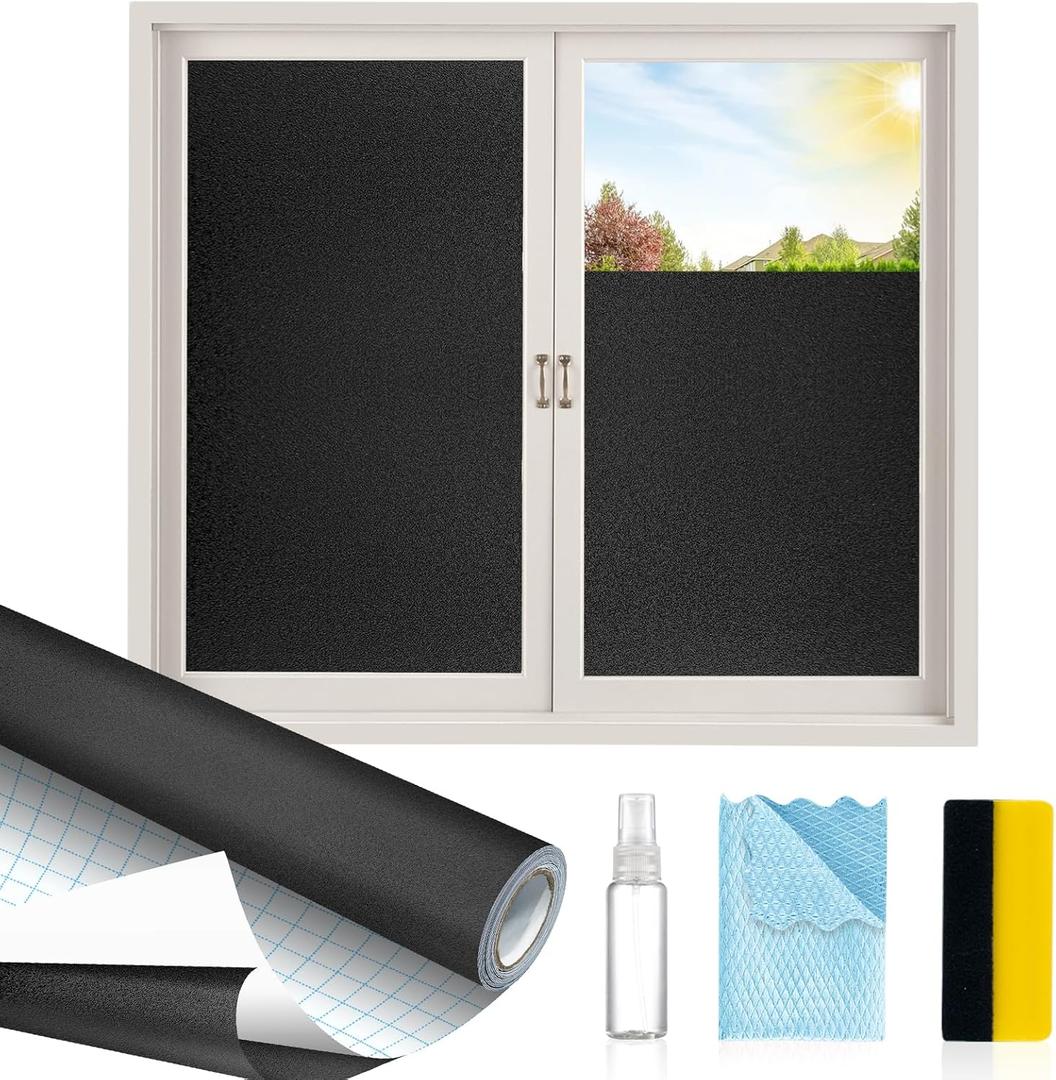 Total Blackout Window Privacy Film with Installation Tools, 100% Light Blocking Heat Control Static Cling, Room Darkening Opaque Window Cover, 23.6 Inch X 9.8 Feet