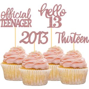 24Pcs Glitter 13th Birthday Cupcake Toppers, Hello 13th Birthday Cake Topper- 13th Birthday Decorations for Celebrating Official Teenager Thirteen Years Old Birthday Party Supplies (Rose Gold2)