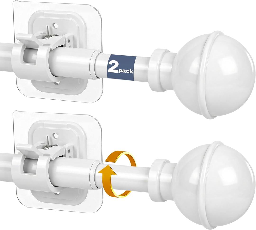 Adhesive Curtain Rod No Drilling for Windows 27 to 56",Renter Friendly No Drill Adjustable Rod, 5/8 Inch Diameter Easy Install Non Screw Screwless Apartment Rods with Stick on Bracket Holder 2-Pack