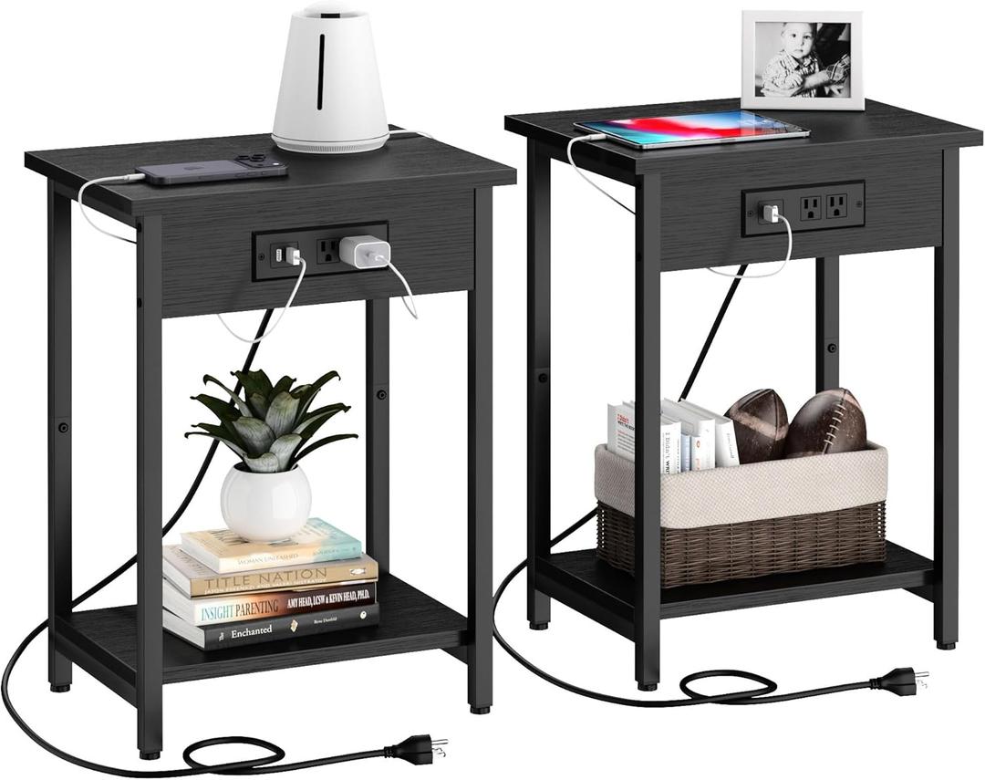 Side Table with Charging Station & USB Port Set of 2, Small End Table Nightstands Bedside Table for Living Room Bedroom Office Bathroom Small Space, Black