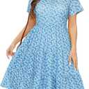 Younrui Women's Plus Size Casual Summer Tiered Dresses Short Sleeve Scoop Neck Ruffle Hem Loose Fitting Midi Babydoll Dress (Blue)