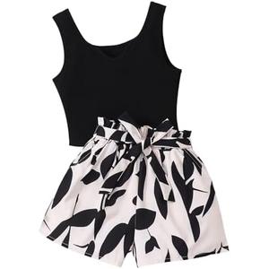 NEW 11-12 Years Seechosle Girls 2 Piece Outfits Ribbed Tank Top and Paperbag Shorts Set with Pockets