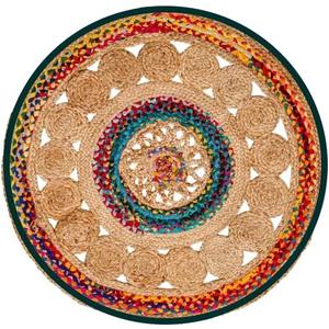 8' Round Flat Woven Natural Jute Area Rug for Home and Living Room, 60% Cotton, 40% Jute, Modern Braided Farmhouse Dcor Kilim Indoor Outdoor Rug - Beige and Multicolor