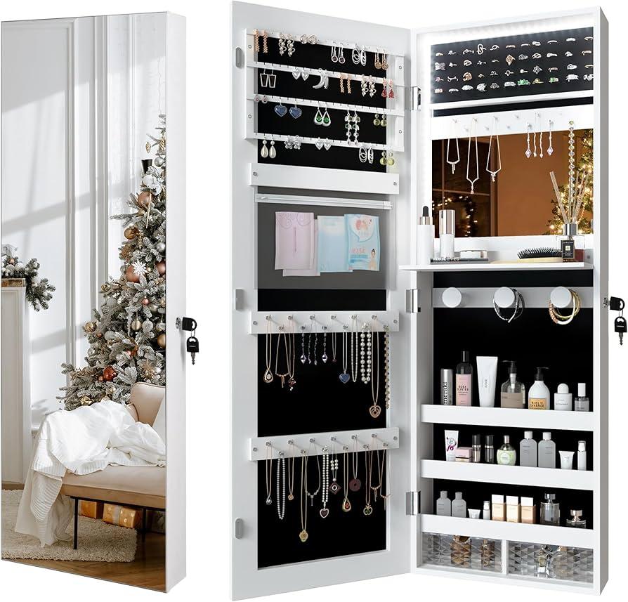 Wall/Door Mounted Jewelry Armoire Organizer Full-length Mirror Storage Cabinet, White, 42x15 in