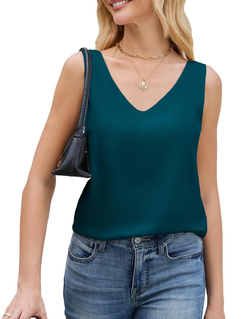 JTD Womens Silk Satin Tank Tops V Neck Dressy Casual Sleeveless Blouses Cami Camisole Summer Basic Tank Shirt Blue Green (M)