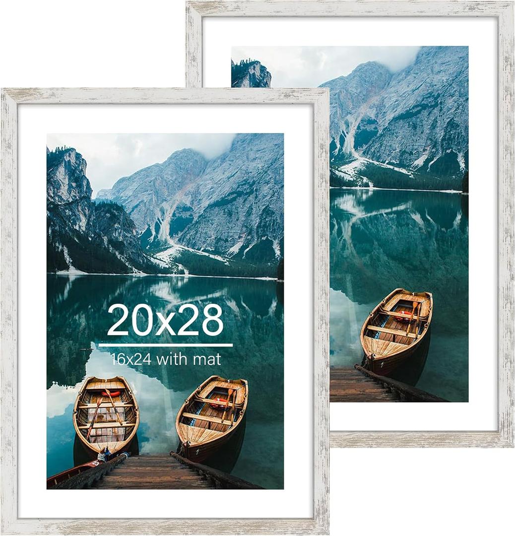 Hongkee 20x28 Picture Frame, Distressed White Wood Style - Display Posters 16 x 24 with Mat or 20x28 without Mat, Wall Mounting Horizontal and Vertical, 2 Pack