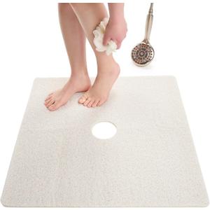 Enkosi Loofah Shower Mat with Drain Hole  Cushioned Anti-Slip Square Bath Mat for Showers, and Bathroom Floors  Textured PVC, Non Slip Safety Pad for Walk-in Stalls and Wet Areas (27x27 White)