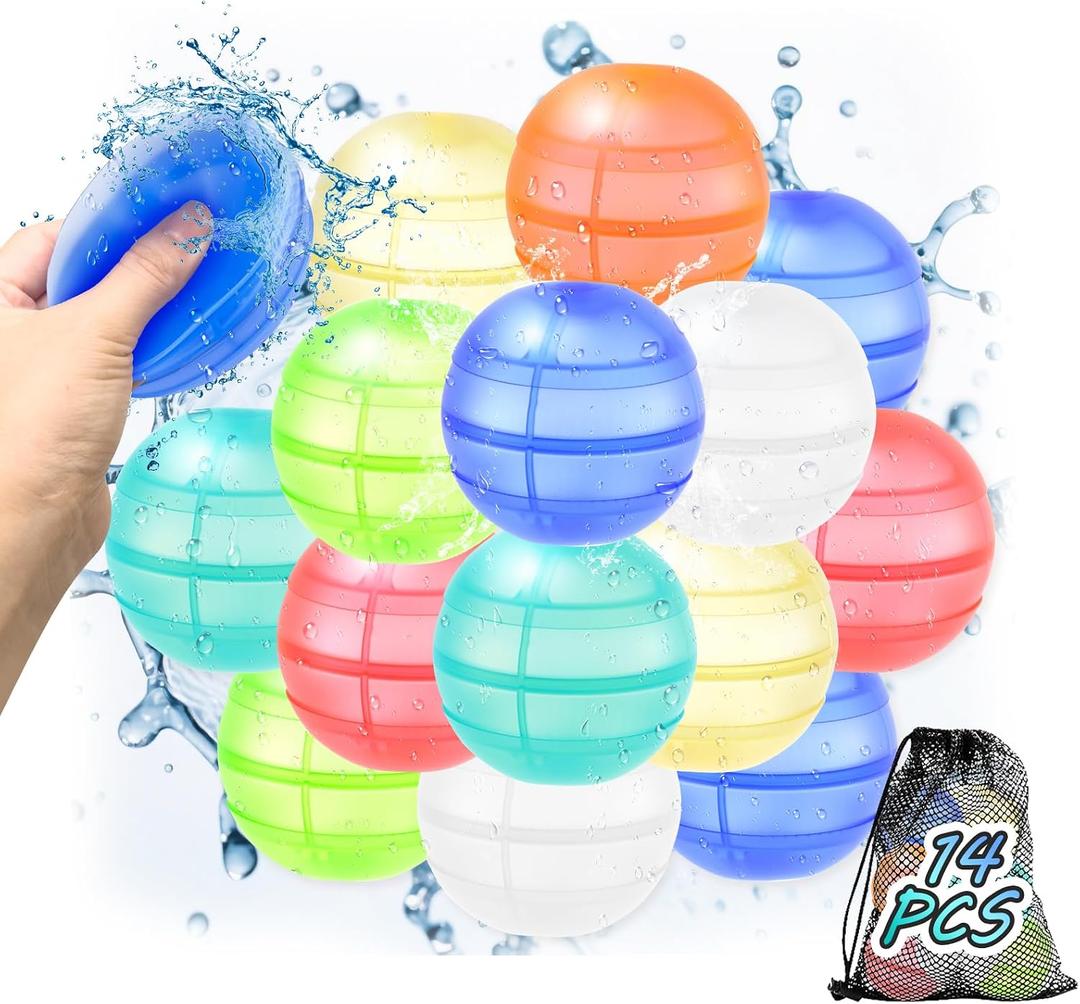 Reusable Water Balloons for Kids & Adults, 14 Pack Refillable Silicone Water Balloons Quick Fill, Self Sealing Water Balloon for Pool, Summer Toys Beach Toys for Outdoor Idea Gift, Party Supplies
