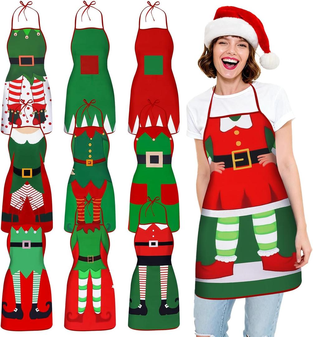 10 Pcs Christmas Aprons Adjustable Kitchen Cooking - Xmas Holiday Baking Baking Party Supplies (Elf)