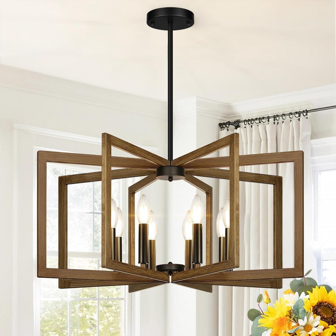 25"-61" Height Adjustable Retro Wood Texture Chandelier for Dining Room, No Assembly Required Dining Room Light Fixture Over Table, Industrial Metal Pendant Lights Fixture for Kitchen Island