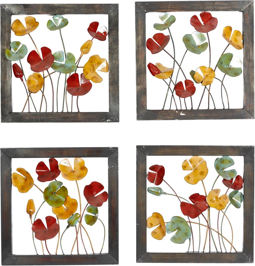 Deco 79 Metal Floral Home Wall Decor Wall Sculpture with Black Frame, set of 4 Wall Art 14" x 1" x 14", Multi Colored