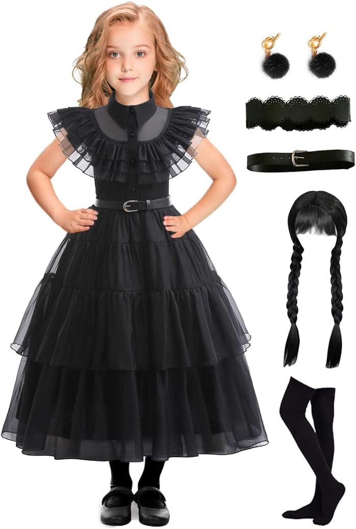 EOILFM Halloween Black Gothic Dress Costume Cosplay Girls Dress Up Outfit with Belt Party Show for Kids (Girls-XXL(11-12 Years))