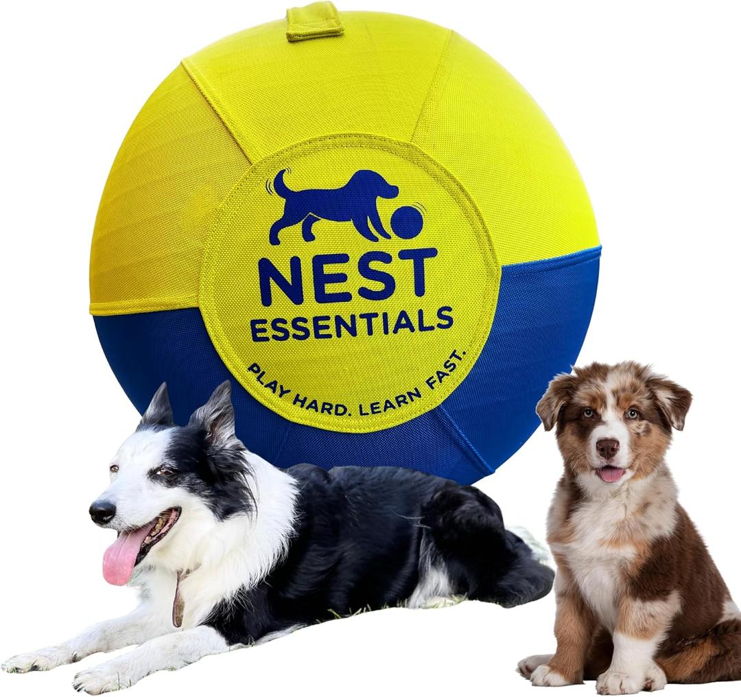 NEST ESSENTIALS Herding Ball for Dogs 18 Durable Training Dog Toy for Medium & Large Dogs | Dog Ball Includes Clicker + Pump | Blue & Yellow | Tough 1680D Fabric | for Active Breeds