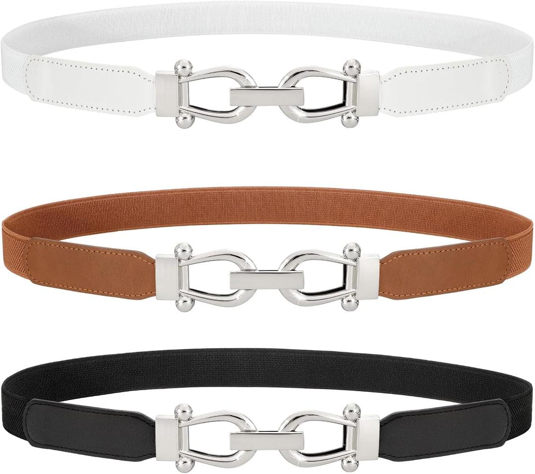 WERFORU 3 Pack Women Skinny Elastic Waist Belt Gold Buckle Stretchy Thin Belt for Jeans Dress (Black+Brown+White-Silver Buckle)