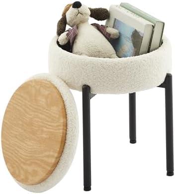QLHousesuoH Vanity Stool Chair with Storage Multi-Functional Makeup Stool & Side Table Teddy Velvet, 4cm Foam Support Storage Chairs, 300lb Capacity for Bedroom Living Room Dressing Room (White+Black)