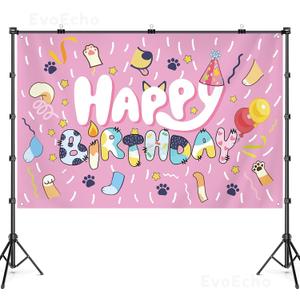 7x5 FT Birthday Banner Backdrop Pink Background Wall Decor for Kids Girls Cartoon Dog Theme Party Decorations