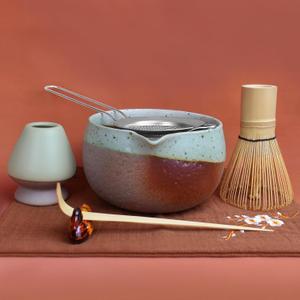 Artcome Matcha Tool Set Bowl with Pouring Spout, Whisk, Whisk Holder, Tea Scoop, Matcha Strainer, Tea Spoop, Tea Scoop Holder, Tea Cloth  Traditional & Refined (Coffee)