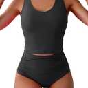 Eomenie Two Piece Tankini Swimsuits for Women Tummy Control Bathing Suits U Back Swim Tank Top with High Waisted Bottom (Black, L)