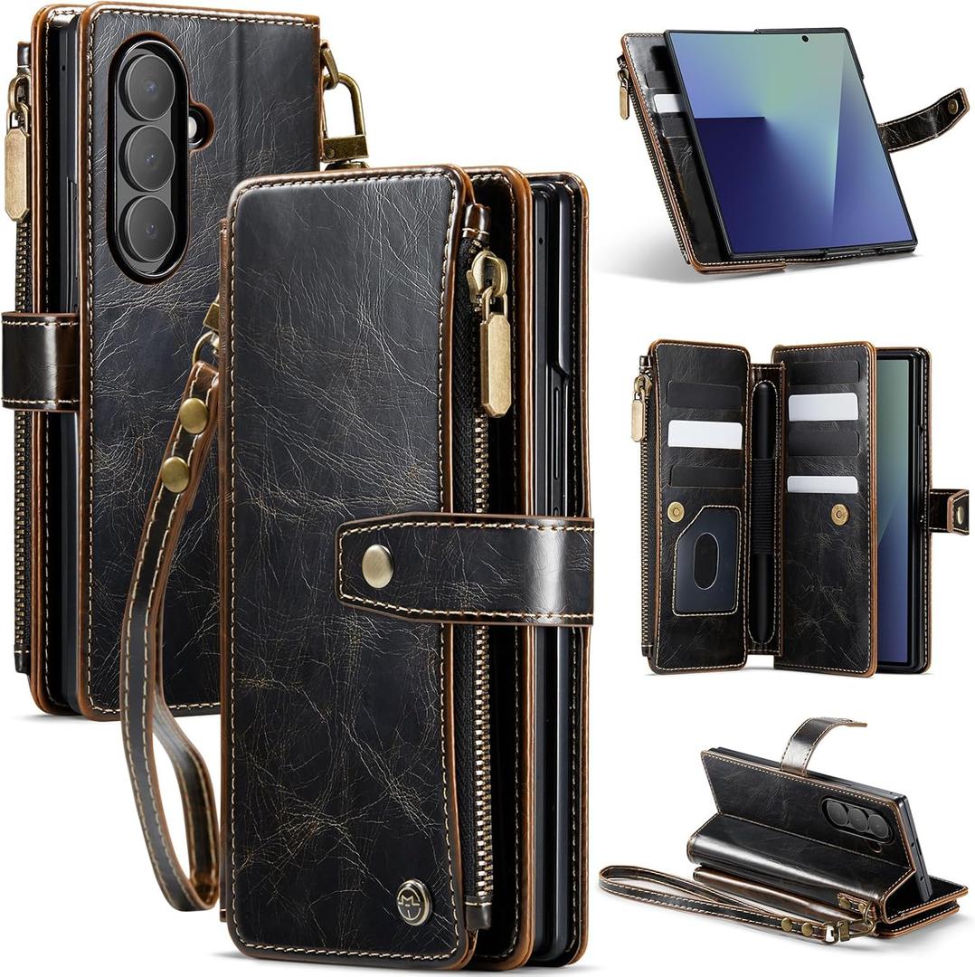 Vinich for Samsung Galaxy Z Fold 7 Wallet Case with Card Holder, Detachable Strap RFID Blocking Credit Slots Kickstand Shockproof Phone Cover Fit for Galaxy Z Fold 7 8.0" Luxury Coffee