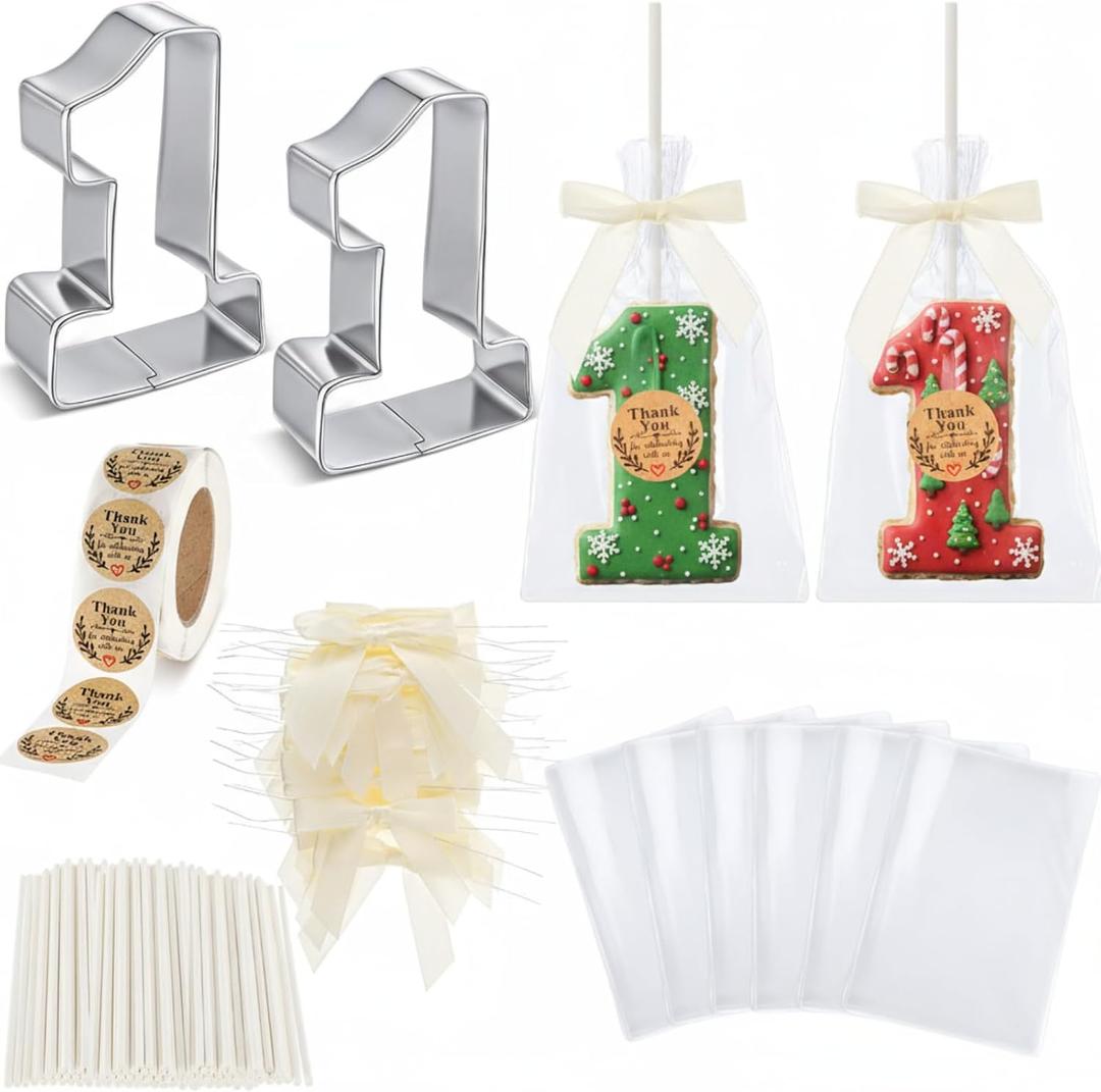 50 Set Rice Treats Crispy Cutter Set Number 1 Cookie Cutter with 50 Clear Treat Bags Cake Pop Sticks and Twist Ties Thank You Stickers for Christmas Baby Shower Party Crispy Pops