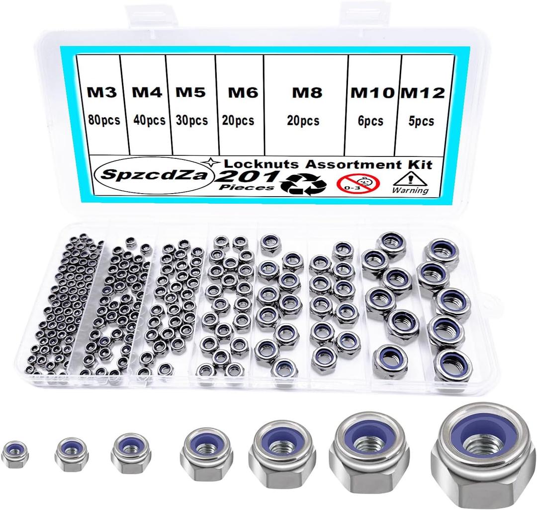 3 x 201pcs Locknuts Assortment Kit,M3 M4 M5 M6 M8 M10 M12 Metric Nylon Insert Lock Nuts Set,304 Stainless Steel Lock Nuts