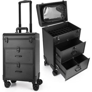 Yokilly Rolling Makeup Train Case, Professional Cosmetology Case on Wheels, Aluminum Cosmetic Trolley Travelling Cart Trunk with Swivel Wheels, Sliding Drawer & Keys for Nail Technician Stylist (Black) (Large)