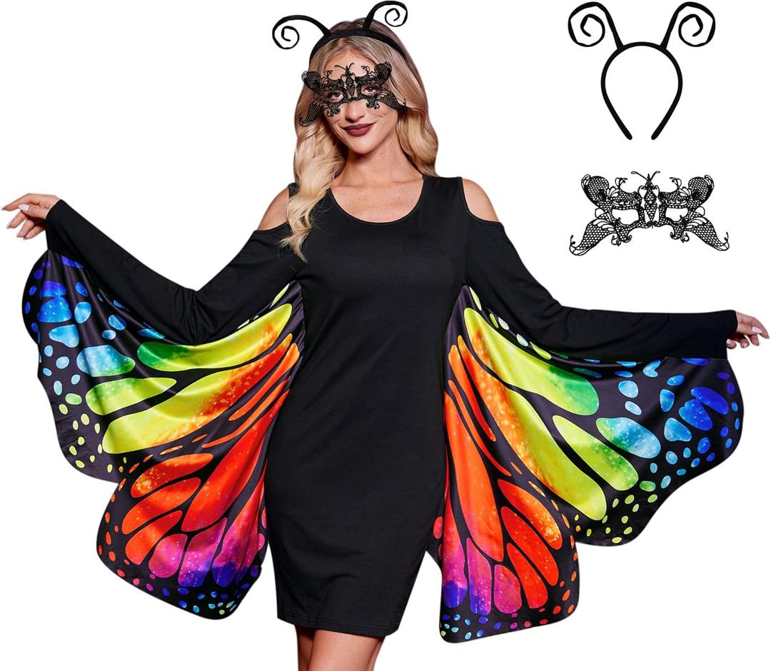 Halloween Women Cold Shoulder Butterfly Costume Halloween Outfit with Flexible Headband and Lace Mask Neon M
