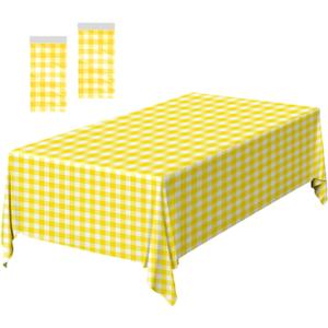 2 Pack Yellow Gingham Tablecloth 54  108 Inch Yellow and White Checkered Table Cloth Plastic Rectangle Table Cover for Picnic Birthday Baby Shower Party Gingham Tablecloth Diaposable