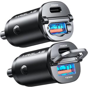 MRGLAS [2-Pack] 125W USB C Car Charger, Mini Metal USB C Car Adapter Fast Charging PD65W & QC60W Dual Port Type C Cigarette Lighter USB Charger for iPhone 16 15 14 Pro Max iPad Samsung MacBook