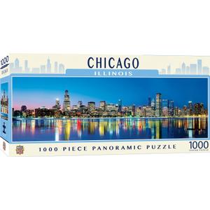 Masterpieces 1000 Piece Chicago Puzzle Panoramic Skyline Jigsaw, Windy City Landmark Design with Lake Michigan and Willis Tower, Premium Random Cut Puzzle Pieces, 13 x 39 Collectible Display Art Print