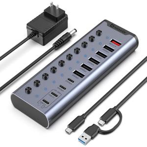 Powered USB Hub, 10-Port USB C Hub with 6*USB-A 3.2, 2*USB-C 3.2 and 2*PD 45W Charging Ports Individual Switches and 24V/3A Power Adapter, USB Extension for MacBook, PC and More.