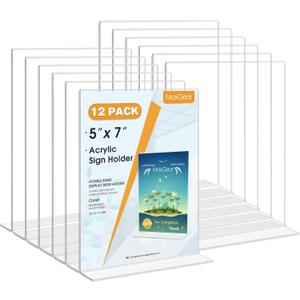 MaxGear Acrylic Sign Holder 5x7 Inches 12 Pack, Double Sided Table Paper Display Stand Clear Sign Frame Menu Flyer Photo Holder for Business, Office, Retail, Restaurants, Stores