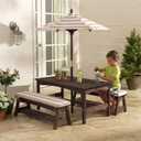 KidKraft Outdoor Wooden Table & Bench Set with Cushions and Umbrella, Kids Backyard Furniture, Espresso with Oatmeal and White Stripe Fabric
