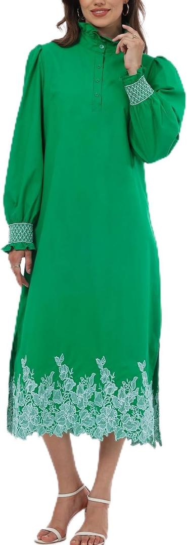 Women's Spring Summer Embroidery Maxi Dress 2026 Long Puff Sleeve Ruffle Collar Button Front Shift Dress (Green, M)