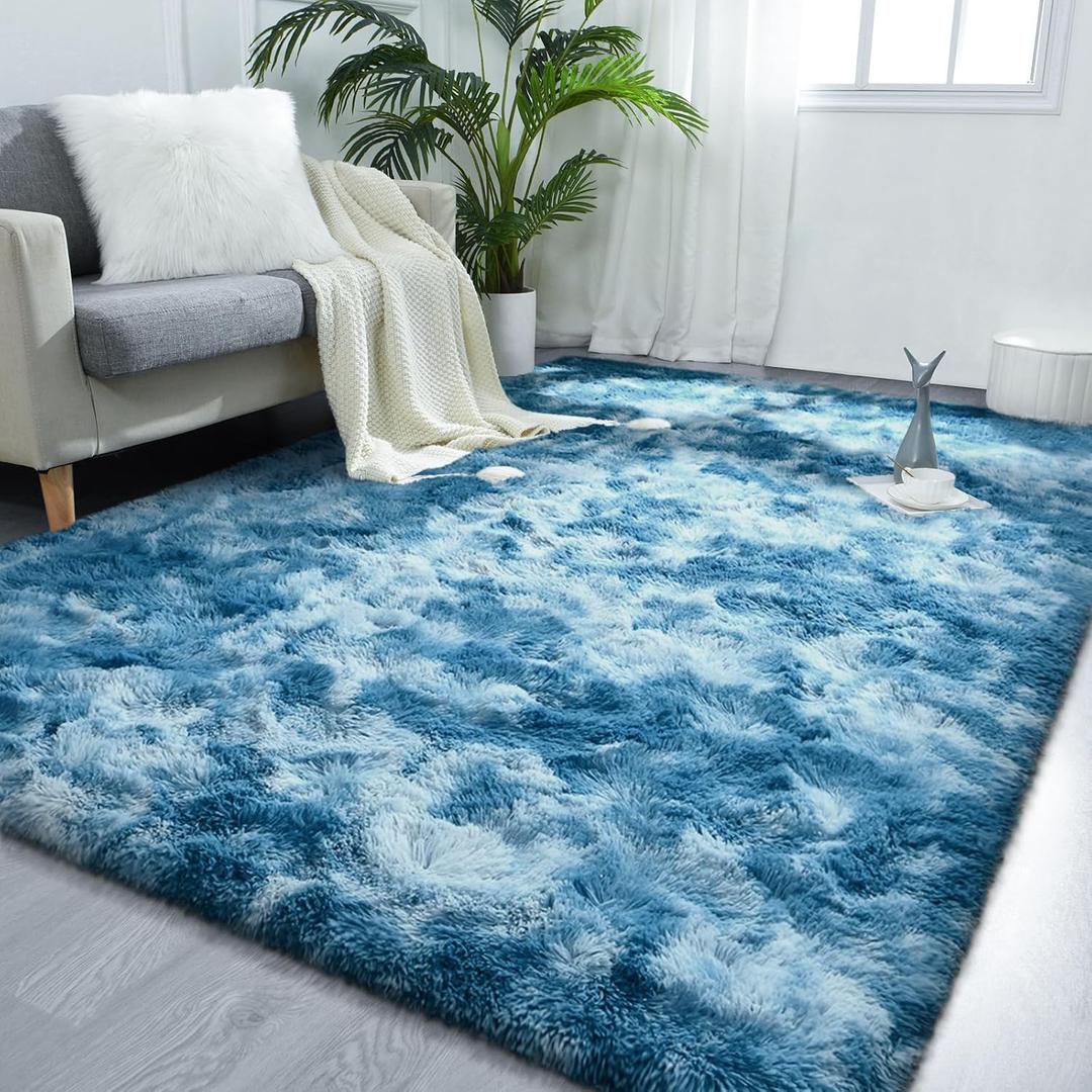 FlyDOIT Large Area Rugs for Living Room, 5x8 Feet Tie-Dyed Dark Blue Shaggy Rug Fluffy Throw Carpets, Ultra Soft Plush Modern Indoor Fuzzy Rugs for Bedroom Girls Kids Nursery Room Dorm Home Decor