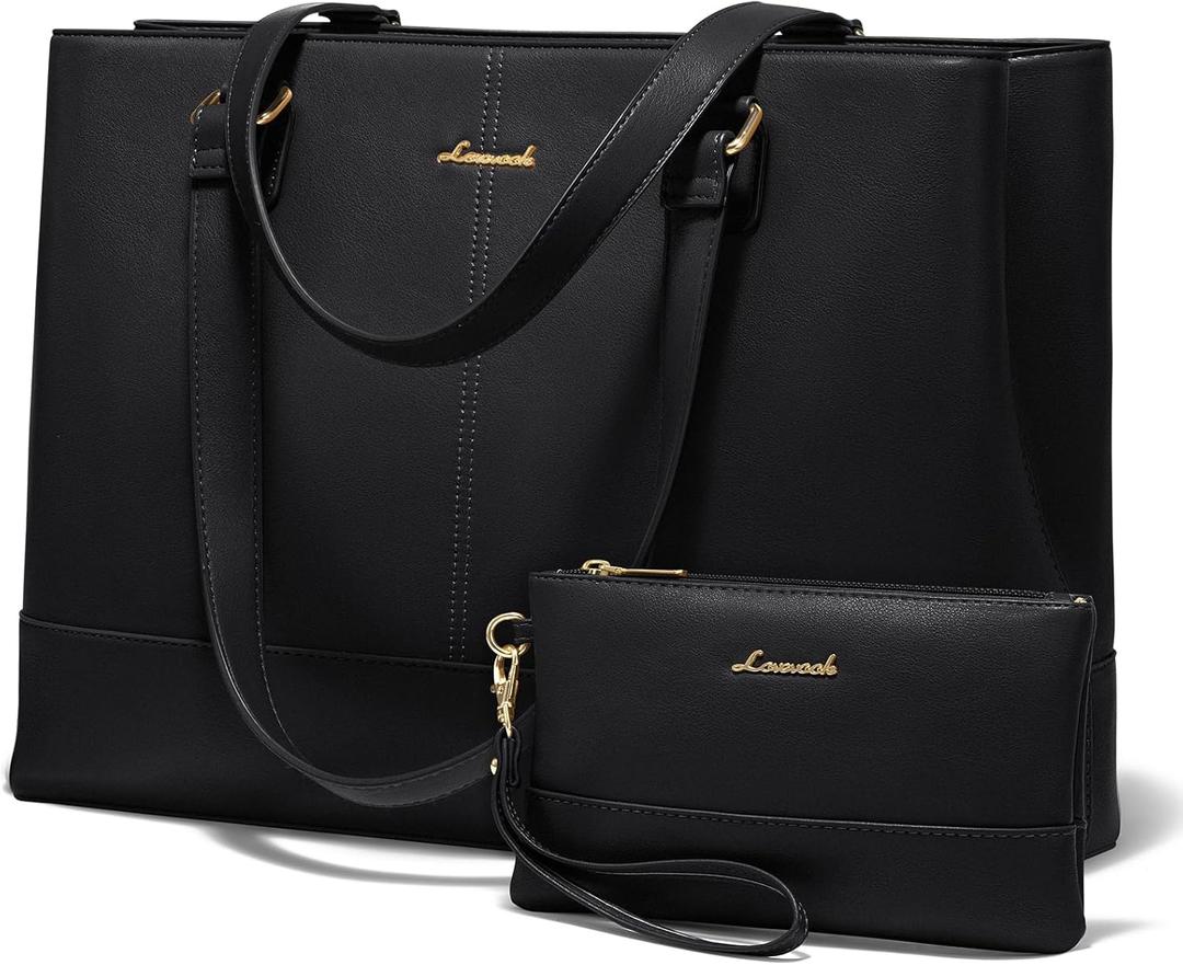 LOVEVOOK Laptop Tote Bag for Women 15.6 Inch Work Bag Leather Laptop Purse with Clutch, Large Computer Briefcase Bag for Office Business Teacher Black
