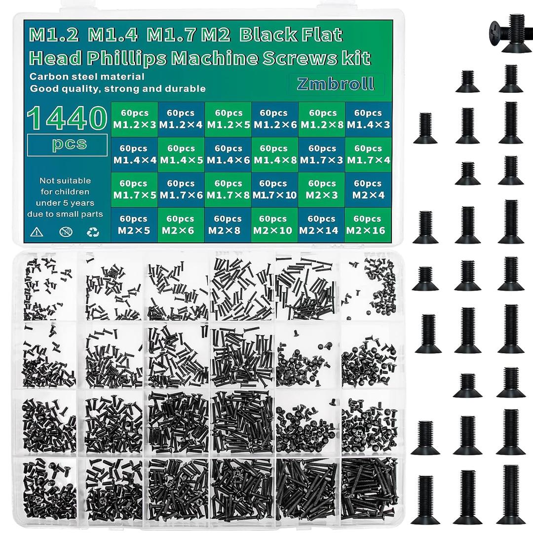 1440 Pcs Black Laptop Notebook Computer Screws M1.2 M1.4 M1.7 M2 Flat Head Phillips Machine Screws Countersunk ssd Screws Accessories Mini Machine Computer Screws Assortments Kits