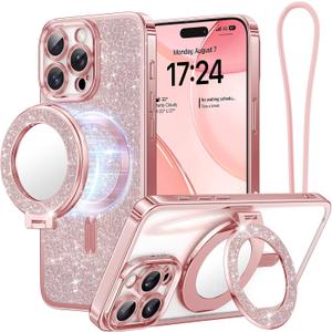 Meifigno Magnetic Case with Removable Phone Ring Stand for iPhone 16 Pro, [Glitter Card & Wrist Strap] [MagSafe Compatible] [Built in Mirror] Magnetic Phone Ring Holder + 16 Pro Case Kit, Rose Gold