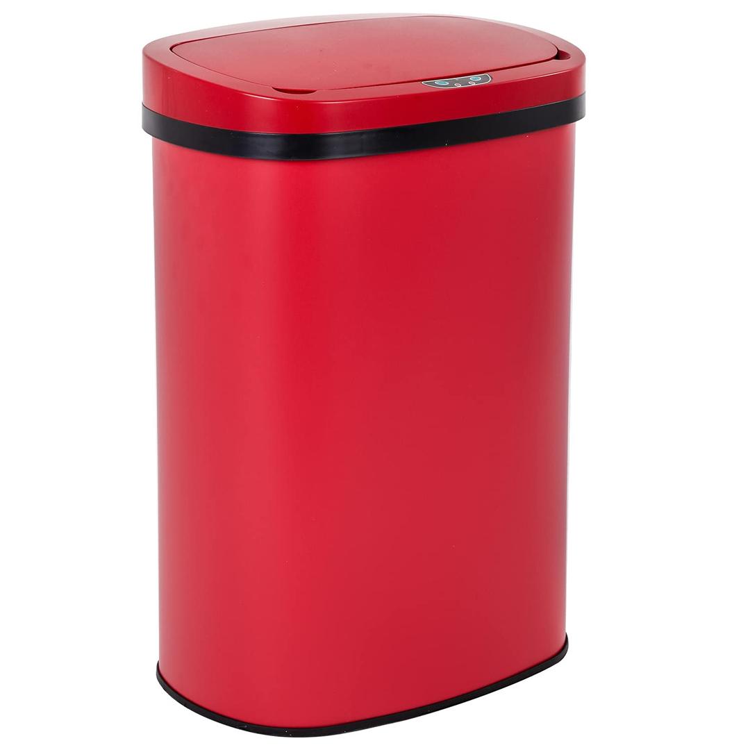 Kitchen Trash Can Bathroom Bedroom Office Garbage Can with Lid Automatic Touch Free Waste Bin Stainless Steel 13 Gallon / 50L,Red