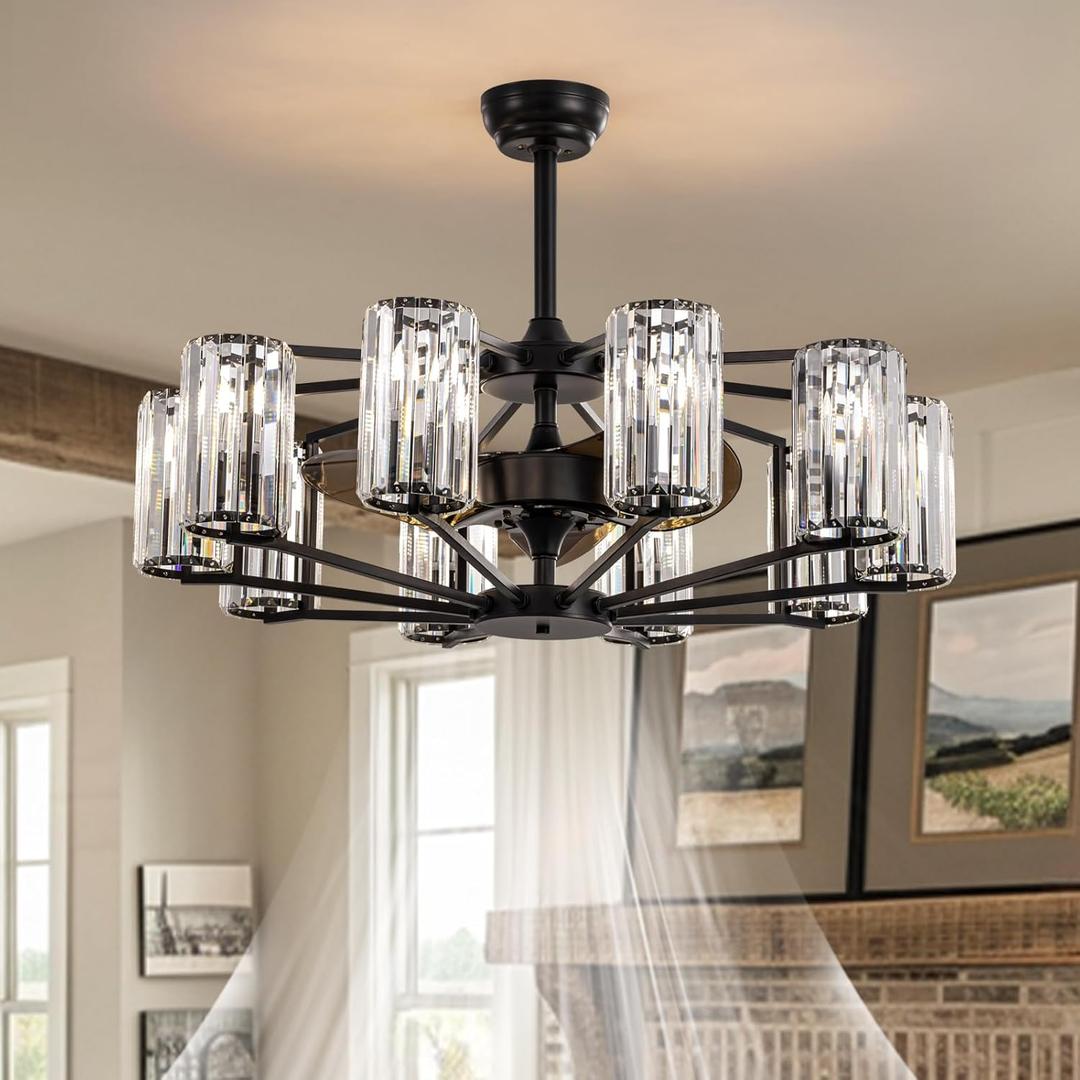 Ceiling Fans with Lights 36" Chandelier Fan Vintage Low Profile Ceiling Fan with Light and Remote 10 Lights Crystal Large Fandelier Light Fixture for Living Room Dining Room Hotel Foyer