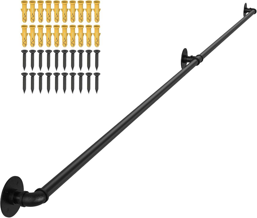 OUSHENG Stair Railing Indoor Hand Rails for Outdoor Steps, Industrial Pipe Handrail Metal Iron Handle Support for Wall Mount Staircase Porch, Vintage Farmhouse Style, 8ft
