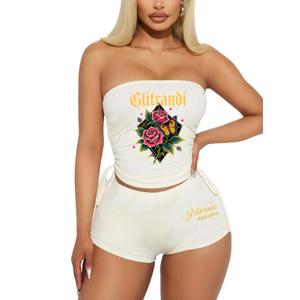 Glitrandi Two Piece Sets For Women Fashion Print Drawstring Tube Top With Shorts Summer Sexy Outfits