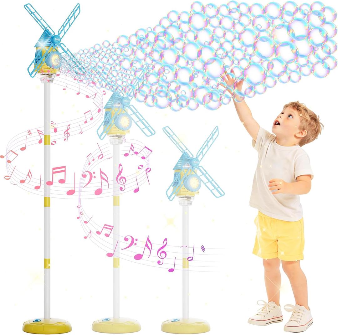 Windmill Bubble Machine for Kids, 51" Adjustable Height Standing Bubble Maker with Lights & Music, 10-Hole Battery Operated Bubble Blower with 130ml Tank, Outdoor Backyard Party Toys for Toddlers