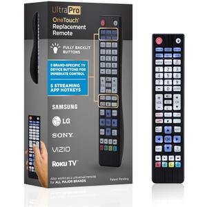 UltraPro Backlit One Touch Instant Pairing Replacement Remote Pre-Programmed for Samsung, Sony, LG, Vizio, Roku TV 2 Device 80830, Black