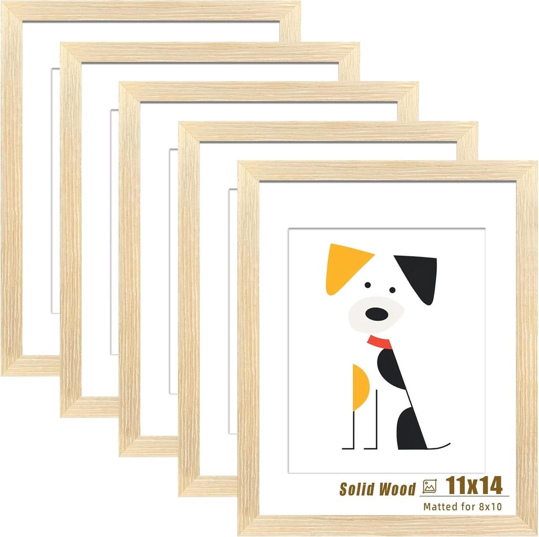LUCKYLIFE 11x14 Picture Frame Solid Natural Wood, Display 8x10 photo with Mat or 11x14 without Mat for Wall Hanging, Set of 5