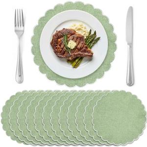 Gandeer Set of 12 Sage Green Cotton Placemats 15 Inch Round Scalloped Embroidery Placemats Washable Double Layered Rustic Table Mat Fabric Napkins for Wedding Table Decor