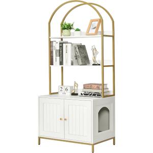 Homhedy Cat Litter Box Enclosure, Litter Box Furniture Hidden with 2-Tier Storage Shelves, Wooden Cat Washroom Furniture with Metal Frame, Modern Style, White and Gold